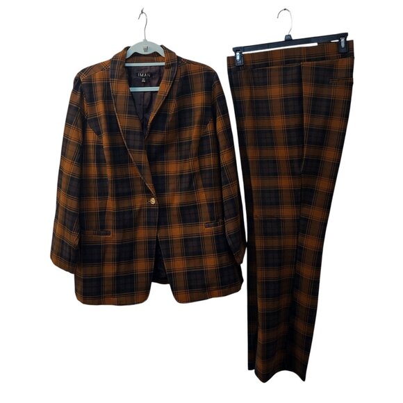 Iman: 2pc Plaid Pantsuit, Size 2X, Brunt Orange, Brown, Black - Picture 1 of 13